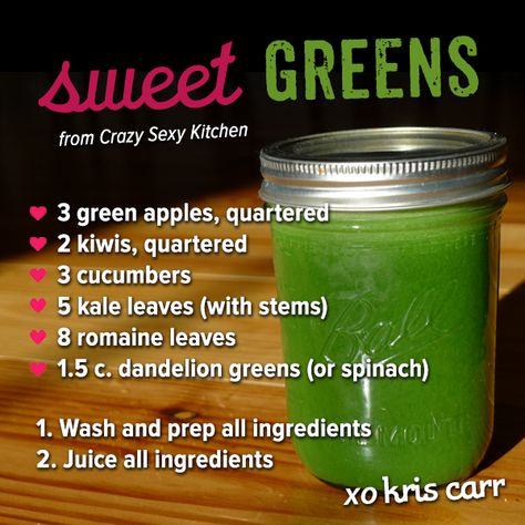 Green Juice Recipe: Sweet Greens #greenjuice #recipes #vegan #raw #glutenfree #crazysexykitchen #kriscarr Kris Carr Recipes, Greens Juice, Kris Carr, Green Drink Recipes, Green Juice Recipe, Clean Eating Soup, Easy Juice Recipes, Green Juices, Detox Juice Recipes