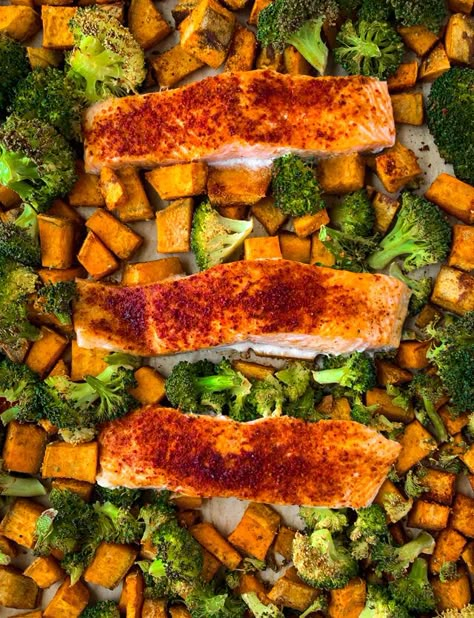 Salmon Sweet Potato Sheet Pan, Salmon And Sweet Potatoes Baked, Sweet Potatoes And Salmon, One Pan Roasted Salmon With Broccoli And Red Potatoes, Salmon Sweet Potato Broccoli, Sheet Pan Salmon Broccoli And Potatoes, Salmon Sheet Pan Dinner Sweet Potato, One Pan Salmon And Potatoes, Lemon Roasted Salmon With Sweet Potatoes And Broccoli