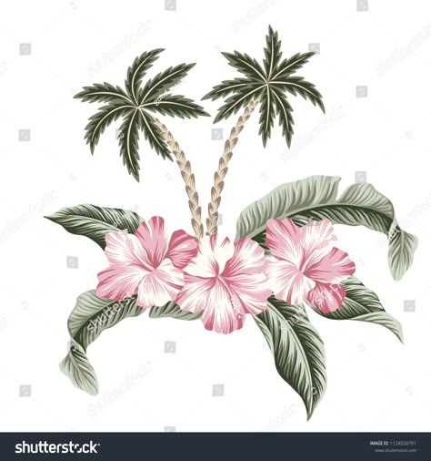 Tropical vintage palm trees, pink hibiscus and banana leaves floral print. Vector clip art. Jungle illustration. #Ad , #Ad, #pink#hibiscus#banana#trees Palm Tree With Hibiscus Tattoo, Palm Tree Hibiscus Tattoo, Hibiscus Palm Tree Tattoo, Palm Tree And Flower Tattoo, Small Tropical Tattoo, Ocean Flower Tattoo, Tropical Tattoos, Flamingo Tattoos, Celtic Tattoo For Women