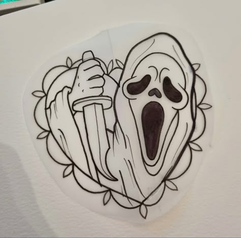 Scream Tattoo Design Stencil, Ghost Face Outline Tattoo, Ghostface Simple Drawing, Ghost Face Heart Tattoo, Ghost Face Drawing Sketch, Ghost Face Outline, Ghost Face Tattoo, Ghostface Tattoo, Scarie Movie