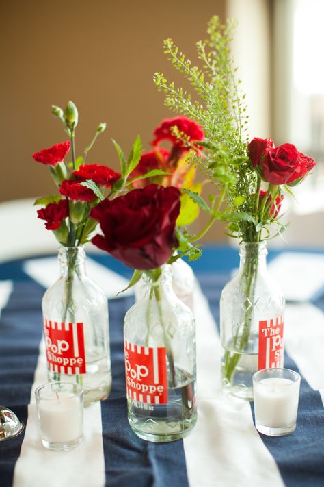 Red White And Blue Wedding, White And Blue Wedding, Beach Centerpieces, Olathe Kansas, Summer Reception, Kansas Wedding, Summer Mantel, Vintage Soda, Bottle Centerpieces