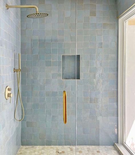 Trending Bathroom Colors, Bathroom Colours, Light Blue Tile, Blue And White Bathroom, Blue Shower Tile, Light Blue Bathroom, White Bathroom Rug, Zia Tile, Blue Bathroom Tile