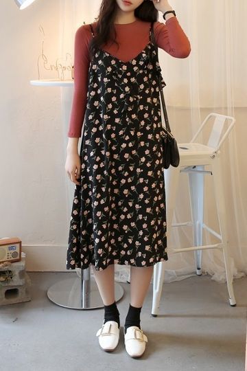 Korean Dress Casual, Flower Long Dress, Long Dress Outfit, Cute And Casual Outfits, Casual Long Dresses, Long Flower Dress, Kore Ulzzang, Casual Long Dress, Frock Fashion