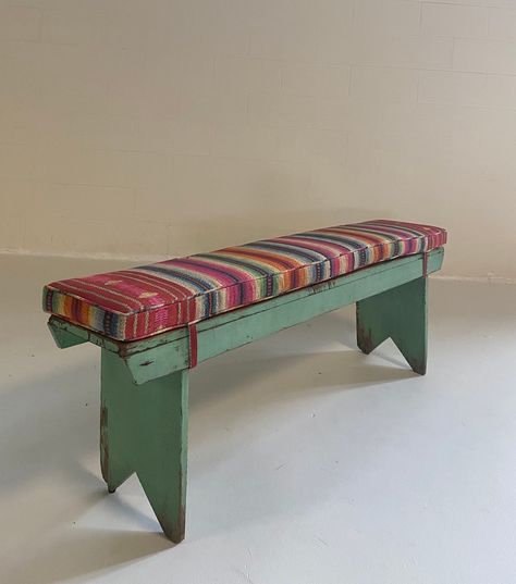 Vintage Farmhouse bench with Technicolor Frazada cushion by St. Frank and Forsyth Jeffrey Bilhuber, St Frank, Painted Benches, Farmhouse Bench, Furniture Rehab, Painted Chairs, Colorful Chairs, Vintage Interiors, More Design