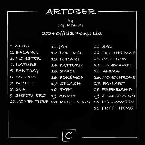 Hi folks, official prompt list for Artober 2024 is here. The Game is On! . . . #artobercnc #craftncanvascnc #art #artist #love #drawing #photography #artwork #instagood #photooftheday #instagram #painting #like #artistsoninstagram #beautiful #illustration #digitalart #design #picoftheday #photo #sketch #arte #happy #draw #music #artoftheday #craftncanvas Artober 2024, Sketching Skills, Draw Music, Improve Drawings, Long Art, Prompt List, Drawing Photography, Instagram Painting, Photography Artwork