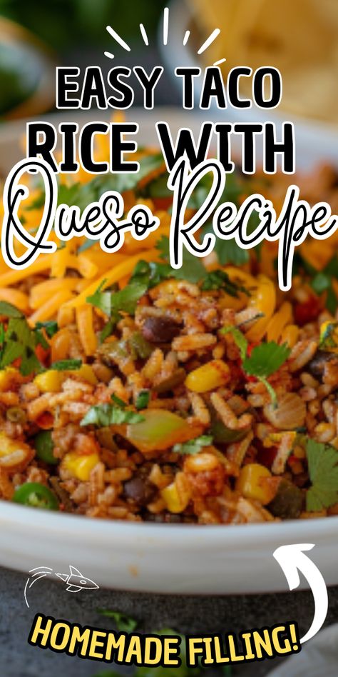 Easy Taco Rice with Queso Easy Taco Rice, Taco Rice Recipe, Queso Sauce, Gf Dinners, Gf Dinner, Taco Rice, Easy Taco, Seasoned Rice, Taco Meat