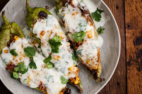 Stuffed Hatch Chiles with Cilantro-Lime Yogurt | Naturally Ella Hatch Chilis, Hatch Chilies, Hatch Chili Recipes, Hatch Peppers, Hatch Chile Recipes, Vegetable Entrees, Hatch Green Chili, Hatch Chiles, Hatch Chili