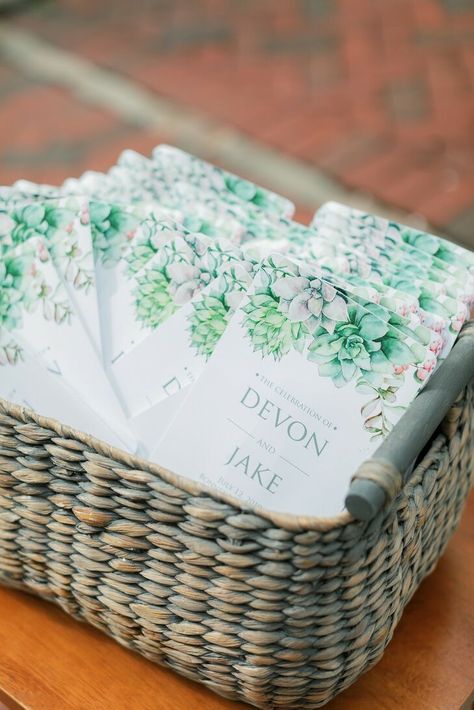 Wicker Basket and Whimsical Ceremony Program with Succulent Design Whimsical Ceremony, Wine Box Ceremony, Succulent Design, Romantic Summer Wedding, Rustic Paper, Wedding Table Designs, Romantic Summer, Wedding Highlights, Ceremony Programs