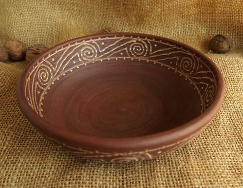 Unglazed bowl Deep wide bowl Slavic Ukrainian art by Ceramystery Clay Cookware, Slavic Art, Unglazed Pottery, Pottery Slip, Wide Bowl, Glaze Ideas, Pottery Glaze, Clay Plates, Red Bowl