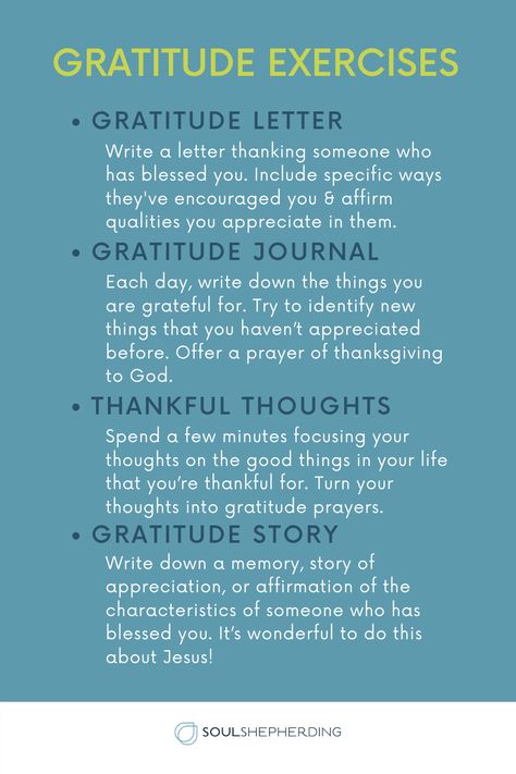 Recently psychologists began using these gratitude exercises as therapeutic interventions, but thousands of years ago these exercises were taught in the Bible! I have found that these gratitude exercises work well with clients in psychotherapy and for anyone who is seeking to grow spiritually. Here are a few examples of gratitude exercises that you can do to train with Jesus to become a more thankful person. #soulshepherding #psychology #mentalhealth #wellness #lifestyle #positivity Christian Gratitude Quotes, Gratitude Exercise, Soul Friendship, Change Inspiration, Therapeutic Interventions, His Love Endures Forever, Soul Scripts, Study Printables, Psalm 136