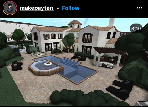 Bloxburg Huge Kitchen Ideas, Bloxburg Pool Ideas, Bloxburg Backyard Ideas, Bloxburg Designs, Bloxburg Building, Roblox House, Two Story House Design, House Plans With Pictures, Bloxburg Houses