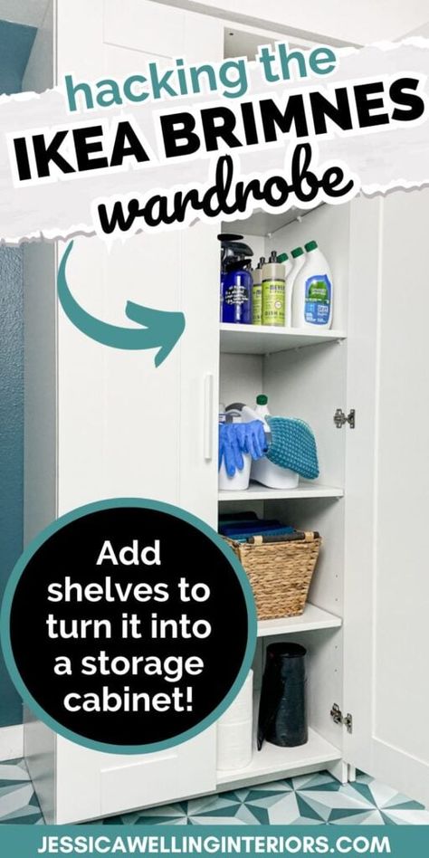 Turn an inexpensive Ikea wardrobe into a chic and functional storage cabinet with this easy Ikea Brimnes wardrobe hack! Ikea Storage Cabinet Hack, Ikea Cleaning Closet, Brimes Ikea Wardrobe Hack, Brimnes Wardrobe Hack, Ikea Brimnes Wardrobe, Deep Storage Cabinet, Brimnes Wardrobe, Ikea Wardrobe Hack, Ikea Brimnes