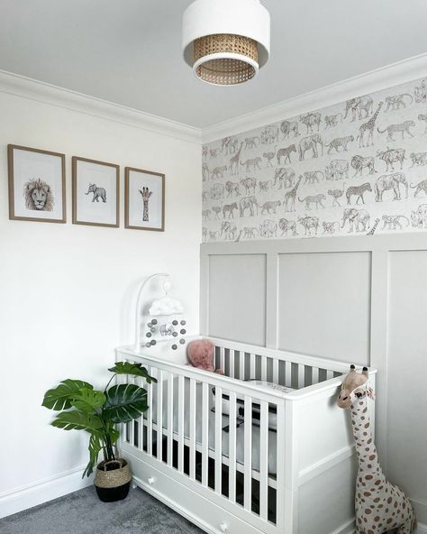 Grey Panelling Nursery, Nursery Panelling, Small Space Baby, Nursery Wall Painting, Grey Nursery Boy, Cozy Baby Room, Baby Cot Bedding, Nursery Changing Table, Grey Nursery Decor