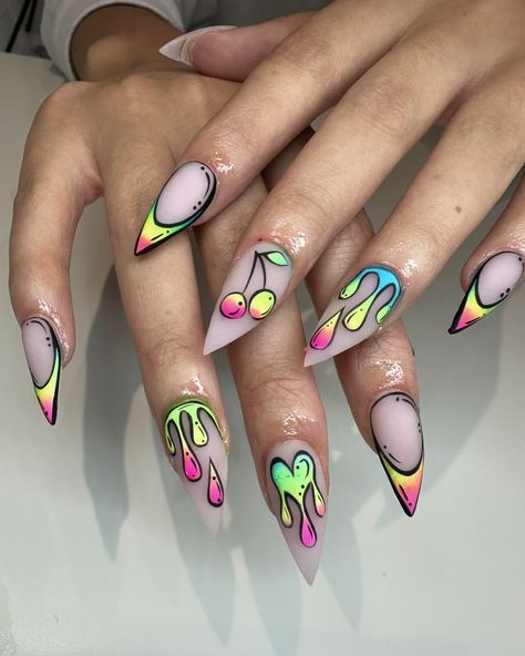 Neon pop art style nails for our girl @eleanorkirton trip to Ibiza💧🌈🍒 Pulled out the @glitterplanetuk pigments and their ‘chrome it black’ gel polish for the most bold and vibrant finish! Grab yours using code ‘ALLANYA’ for discount 🤭 #nails #ibizanails #lancashirenails #prestonnails #neonnails #stilettonails #explorepage #popartnails Neon Alien Nails, Neon Pop Art Nails, Edc Nails Rave, Rave Nails Festivals, Trippy Nails Acrylic, Edc Nails Designs, Edc Nails, Ibiza Nails, Trippy Nails