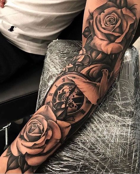 35 Most Powerful Sleeve Tattoos For Men Portrait Tattoo Sleeve, Half Sleeve Tattoos Forearm, Rose Tattoo Sleeve, Rose Sleeve, Rose Tattoos For Men, Men Tattoos Arm Sleeve, Forearm Sleeve, Forarm Tattoos, Cool Arm Tattoos