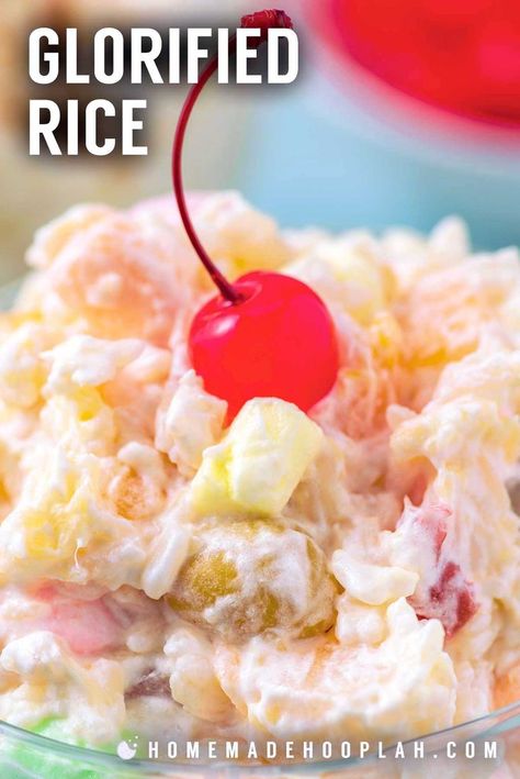 Rice Pudding Recipe With Condensed Milk, Glorified Rice, Rice Dessert Recipes, Fruit Cocktail Salad, Recipes With Fruit Cocktail, Fruit Salad With Marshmallows, Ambrosia Fruit Salad, Rice Desserts, Fluff Recipe