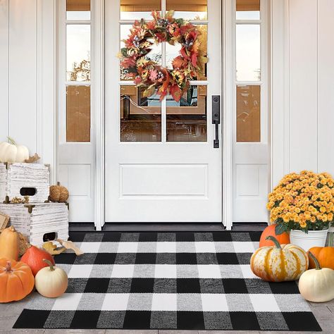 Fall Door Mat 27.5" x 43", Black and White Buffalo Plaid Fall Doormat Washable Fall Outdoor Welcome Mat for Front Door, Porch, Entryway Decor #ad Fall Stoop Decorations, Front Porch Thanksgiving Decor, Black And White Front Porch, Fall Door Mat, Outdoor Welcome Mat, Fall Doormat, Porch Rug, Door Porch, Front Door Porch