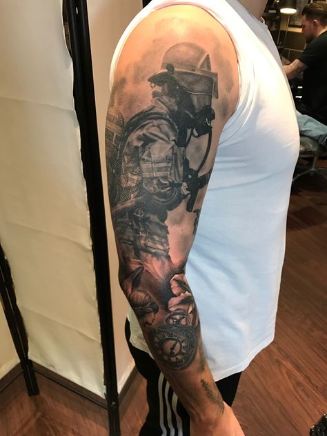 Firefighter Tattoo Sleeve, Fireman Tattoo, Shoulder Armor Tattoo, Firefighter Tattoo, Arm Sleeve Tattoo, Fire Fighter Tattoos, Armor Tattoo, Flame Tattoos, Mens Shoulder Tattoo