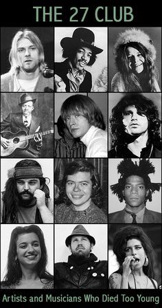 The 27 Club is an eerie coincidence of a group of musicians and artists that lost their lives at the age of 27. Here are some of the most famous ones... The 27 Club, Muzică Rock, 27 Club, Survival Books, Class Pictures, We Will Rock You, Julie Andrews, Rock N’roll, Aretha Franklin