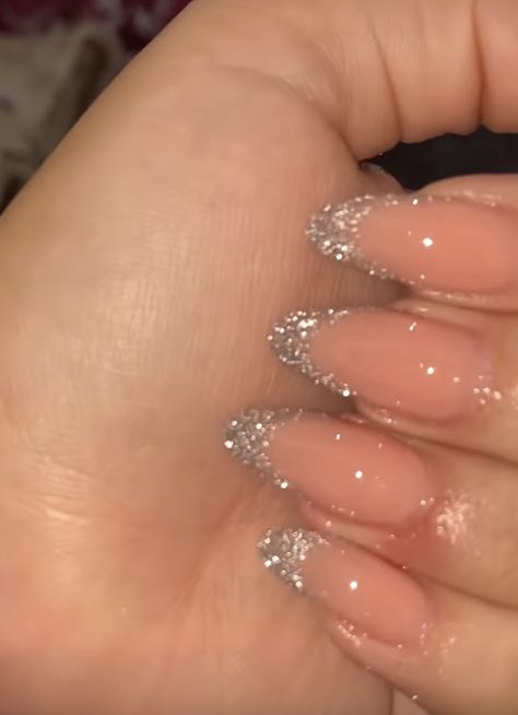 Cute Shiny Nails, Cute Party Nails, Nails For Sparkly Dress, Pretty Glitter Nails, Kbeauty Korean Nails, Glittery French Tip Nails Almond, Glittery Tips Nails, Sparky French Tip, Sparkling Nail Designs