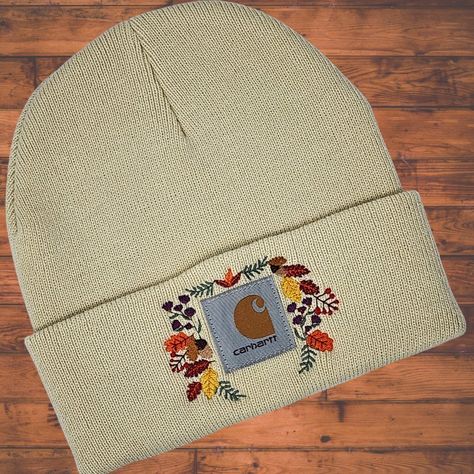 Adult Carhartt Knit Cuffed Beanie Beautifully Embroidered With Colorful Fall Leaves, Acorns, Berries And Purple Flowers. Perfect Gift For A Special Lady. A Great Look In The Cold Climate Seasons. This Carhartt Beanie Is Fully Versatile And Can Be Worn With Any Style. Constructed From Thick Acrylic Rib-Knit Yarn, The Adult Carhartt Knit Cuffed Beanie Is Super Soft And Incredibly Warm On A Cold Winter Day. Plus, The Stretchy Fabric Ensures That This Carhartt Beanie Stays Put All Day Long. Embroidered Hats Ideas, Embroidery Unique, Carhartt Beanie, Toddler Beanie, Lady A, Disney Embroidery, Stocking Hat, Embroidered Roses, Embroidered Beanie