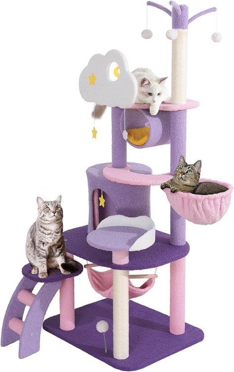 Cute Cat Tree Tower, 65inch Cloud Purple Pink Cat Tree for Indoor Cats with Cat Condos, Adorable Tall Cat Tower Trees for Cats Kittens with Sisal Scratching Post, Hammock, Cat Ladder, Cat Tower Tree, Kitten Tower, Kitten Furniture, Tree Cat Tower, Cat Climbing Tower, Kitten House, Spoiled Pets, Cat Tree House, Modern Cat Tree