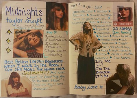 Midnights Taylor Swift Scrapbook, Taylor Swift Journal Ideas, Midnight Journal, Taylor Journal, Taylor Swift Journal, Song Diary, Taylor Swift Book, Taylor Swift Drawing, Photos Of Taylor Swift