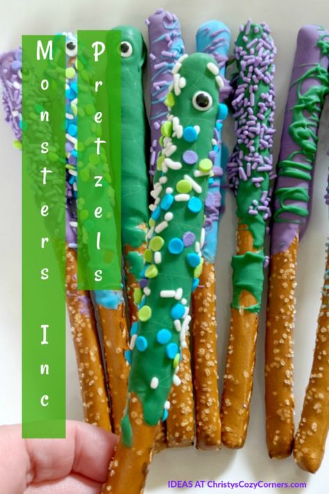 Have a Monsters, Inc. Party with These Monster Pretzel Rods #PixarFest #Pixar #MonstersInc #Movies #snacks #treat Monsters Inc Food, Monsters Inc Crafts, Movies Snacks, Monsters Inc Party, Dinosaur Birthday Party Food, Monster Ink, Disney Parties, Monsters Inc Baby, Kids Birthday Party Food