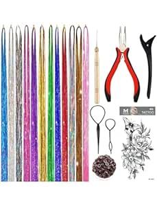 Festive Hair Tinsel Kit - 12 Colors Fairy Tinsel Hair Extensions with Tool - 3000 Strands Holographic Hair Tinsel - Heat Resistant Sparkling Hair Glitter for Christmas & New Year Parties (48 Inch) Hair Designs For Girls, Tinsel Hair Extensions, Tinsel Hair, Holographic Hair, M Tattoos, Girls Hairstyles Easy, Hair Glitter, Hair Tinsel, Fairy Hair