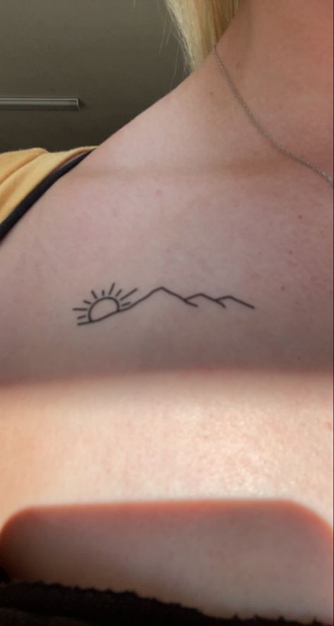 Collarbone Mountain Tattoo, Mountain Tattoo Collar Bone, Simple Tattoos Collar Bone, Sun Over Mountain Tattoo, Mountain Tattoo With Sun, Mountain Collar Bone Tattoo, Tiny Collar Bone Tattoo, Simple Collar Bone Tattoos, Mountain Sun Tattoo