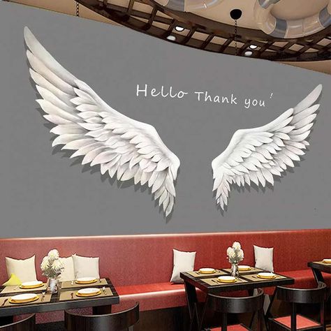 Café Interior, Fly Wings, Angel Wings Wall Art, Wall Decoration Painting, Angel Wings Art, Angel Wings Wall, Wing Wall, White Angel Wings, Restaurant Photography