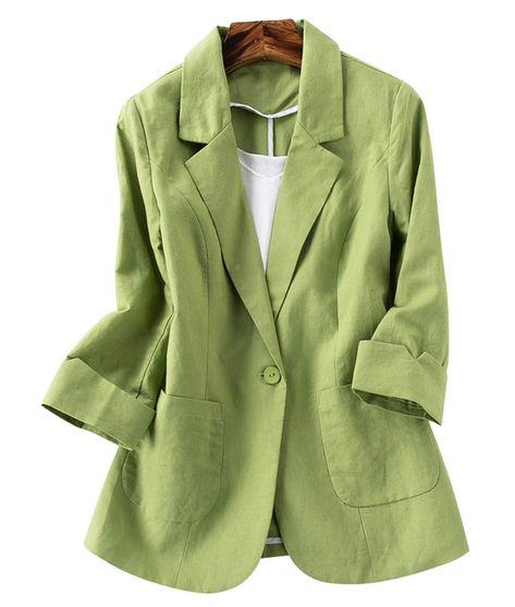 GGUHHU Womens Casual Notched Collar Rolled Up Sleeve One Button Linen Blazer Coat #Sponsored Summer Coats, Three Quarter Sleeve Tops, Womens Jackets Casual, Linen Blazer, Jacket Women, Linen Women, Office Ladies, Three Quarter Sleeves, Primavera Estate