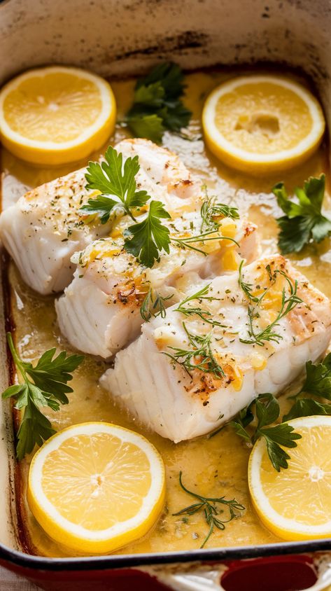 Baked cod fillet with lemon garlic butter, fresh parsley, and vibrant lemon slices in rustic ceramic dish Cod Salad, Garlic Butter Recipe, Cod Dishes, Creamy Broccoli Cheddar Soup, Keto Fish, Cod Fish Recipes, Yum Yum Sauce, Baked Cod, Healthy Tacos