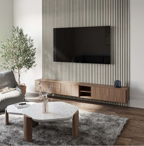 Acoustic Panel Media Wall, Wood Slat Tv Wall Living Room, Wood Slat Media Wall, Mdf Wall Panel Ideas Living Room, Fluted Wall Panel Tv, Fluted Wall Panel Living Rooms, Panelling Behind Tv, Tv Console Design Ideas, Ceiling Wood Panels