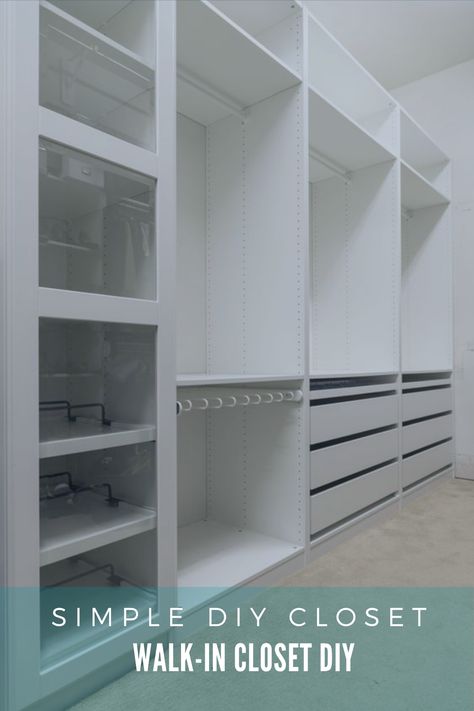 Trying to do a DIY ikea walk-in closet? A walk-in closet on a budget is doable. We have some ideas here; however, the cost difference between a DIY closet from Ikea is negligible plus it isn't custom to fit your space. We recommend going with a professional. Give us a call. Budget Walk In Wardrobe, Small Walk In Closet Diy, Diy Closet System Walk In, Ikea Walk In Closet, Diy Walk In Closet On A Budget, Walk In Closet Laundry, Shack Bedroom, Walk In Closet Ikea, Closet On A Budget