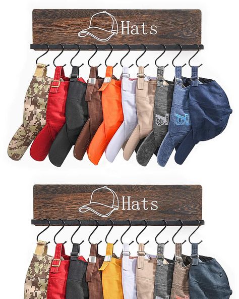 PRICES MAY VARY. Wood, Metal Efficient Hat Storage - This large-capacity hat rack is equipped with 20 "S" shape anti-rust hooks, the hooks are curved enough to keep the hats from falling off, allowing you to easily store baseball caps, flat hats, or hats with straps, make them easy to grab and find, save your counter space, reduce your troubles of messy hats, this is a great hat rack to display and keep hats organized Convenience and Flexibility - The removable hooks is easy to slide, which is c Wall Mounted Hat Rack, Cap Organizer, Cap Display, Hat Organization, Hat Hanger, Hat Display, Hat Holder, Hat Storage, Hanger Wall