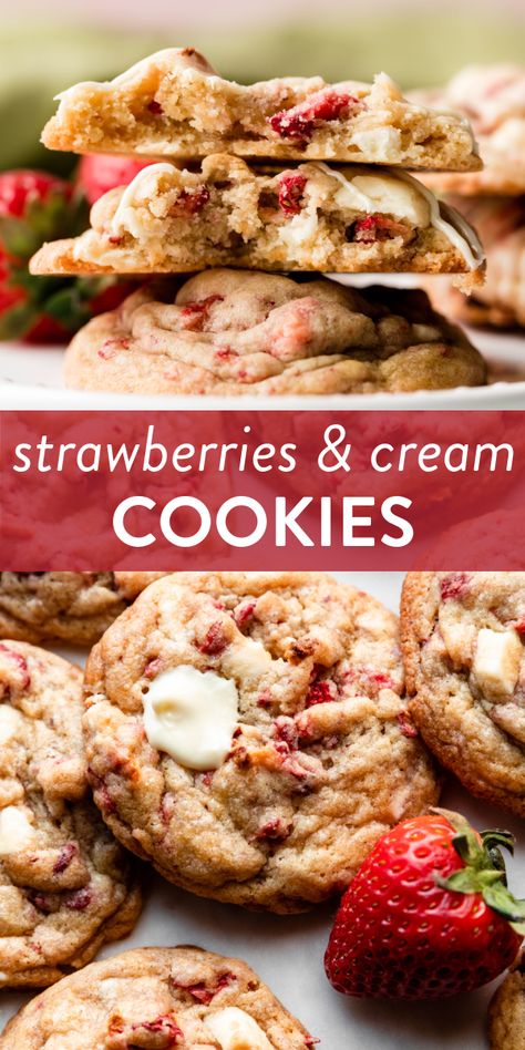 Recipe Using Freeze Dried Strawberries, Strawberry And Cream Cookies, Double Strawberry Sugar Cookies, Strawberries And Cream Cookies, Freeze Dried Strawberry Cookies, Gourmet Cookie Flavors, Strawberry Cookies Recipes, Brookies Cookies, Specialty Cookies