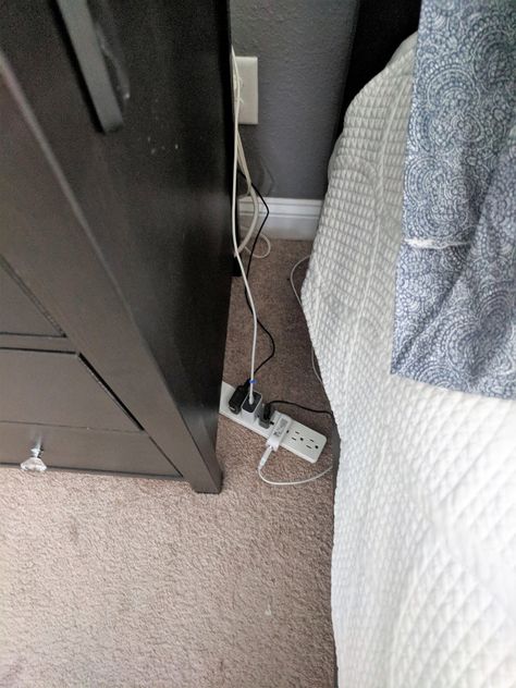 Charger Organization, Nightstand Charging, Hide Electrical Cords, Nightstand Charging Station, Craftsman Bathroom, Hide Cords, Nightstand Organization, Water In The Morning, Diy Nightstand