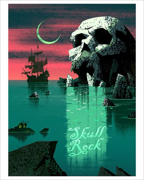 Skull Rock Island (print), Drake Brodahl Neverland Tattoo, Nicolas Delort, Tom Whalen, Island Tattoo, Skull Rock, The Great Mouse Detective, Adventure Print, Arte 8 Bits, Skull Island