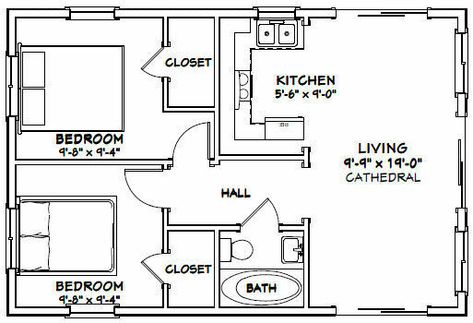 30X20 HOUSE -- 2 Bedroom 1 Bath -- 600 sq ft -- PDF Floor Plan -- Model 1A - $29.99 | PicClick 600 Sq Ft House Plans, 600 Sq Ft House, House Plans 2 Bedroom, 20x30 House Plans, 2 Bedroom Floor Plans, Sims Furniture, Roof Pitch, Garage Apartment Plans, Cabin Floor