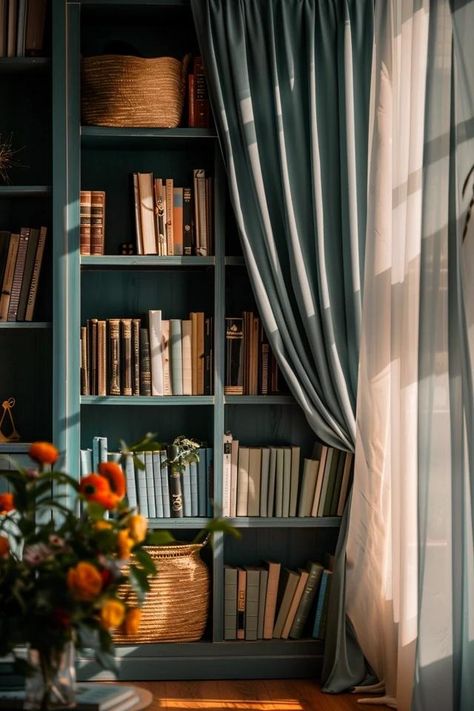 How To Cover A Bookshelf With A Curtain: Creative Concealment Curtains On Bookshelves, Bookshelf With Curtain, Curtain Bookshelf, Different Curtain Styles, Bookshelf Makeover, Functional Home Decor, Tall Bookshelves, Library Bookshelves, Curtain Styles