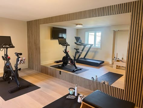 Creating a Home Gym – One of our Best Home Updates Yet — Tara Nelson Designs Gym Wall Paneling, Home Gym Inspiration Bedroom, Basement Work Out Room, Home Gym With Infrared Sauna, At Home Gym Layout, Gym Sauna Room, Home Gym Slat Wall, Basement Gym Remodel, Basement Home Gym Design