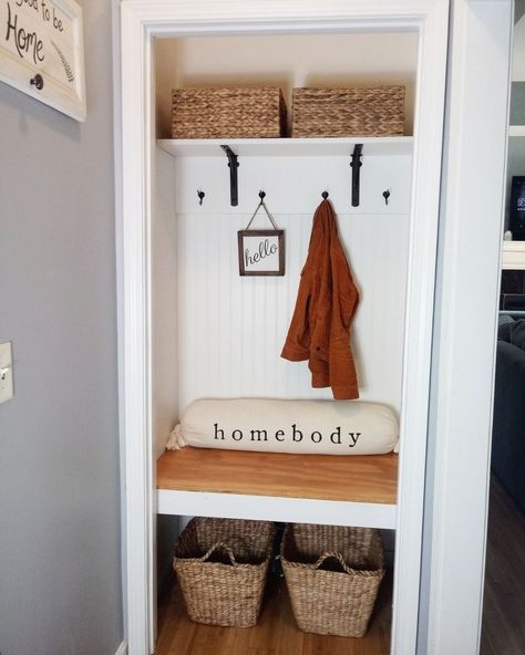 Our coat closet was lacking the storage and functionality that we needed so we opted to transform it into a mudroom space on a budget! This is one of my favorite DIY's to date! Before    This project started as a standard coat closet with a single wire shelf. I started by removing the shelf and hardware. I then went on to fill in any holes with DryDex spackling and a simple putty knife. I used leftover white paint to freshen the space up and create a blank slate.    After freshening up… Diy Entryway Closet, Coat Closet To Mudroom, Built In Drop Zone, Drop Zone Entryway, Diy Drop Zone, Drop Zone Ideas Entryway, Entryway Closet Makeover, Coat Closet Makeover, Closet Makeover Diy