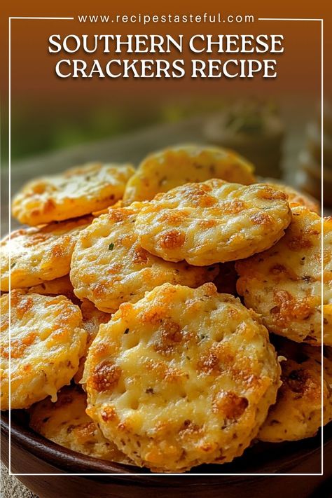 These Southern Cheese Crackers are crispy, savory, and packed with cheesy flavor. Made with sharp cheddar and a hint of cayenne pepper, they have a subtle kick and a nutty crunch from pecans. Perfect for parties, snacks, or pairing with soups and salads, these homemade crackers are easy to make and impossible to resist. Rice Crispy Cheddar Crackers, Cheddar Cheese Crackers Recipe, Savory Cheese Crackers, Cornbread Crackers Recipes For, Corn Crackers Recipe, Savory Shortbread Crackers, Easy Cheesy Crackers, Cheese Biscuit Crackers, Sweet And Salty Oyster Crackers