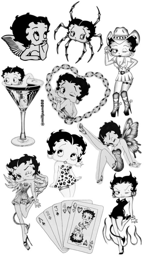 #bettyboop #tattooinspo #tattoos #tattoodesigns #blacktattoos #bettybooptattoo Betty Boop Boyfriend, Cute Betty Boop Tattoo, Betty Boop Tattoo Design, Tattoo Cartoon Characters, Betty Boop Tattoo Stencil, Tiffany Valentine Tattoo, Betty Boop Tattoo, Betty Boop Tattoos, Betty Page