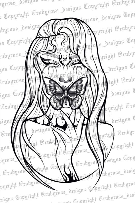 Butterfly Goddess is a part of my Dark Feminine Series Ruby Rose Tattoo, Ruby Rose Designs, Goddess Tattoo Design, Butterfly Goddess, Mommy Daughter Tattoos, Butterfly Tattoo Stencil, Mystical Tattoos, Queen Tattoo, Goddess Tattoo