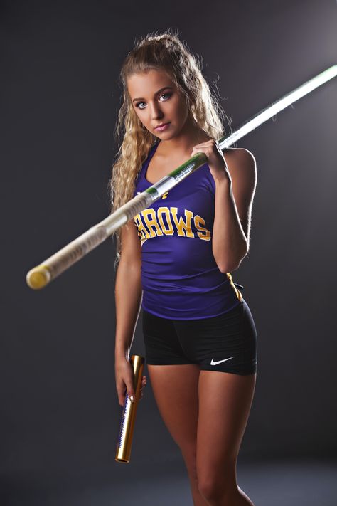 Senior | Pole Vault | Track | Senior Girl Javelin Senior Pictures, Track Poses Photo Shoots, Decorated Overalls, Track Poses, Senior Sports Photography, Volleyball Images, Track Senior Pictures, Pole Vaulting, Senior Pictures Ideas