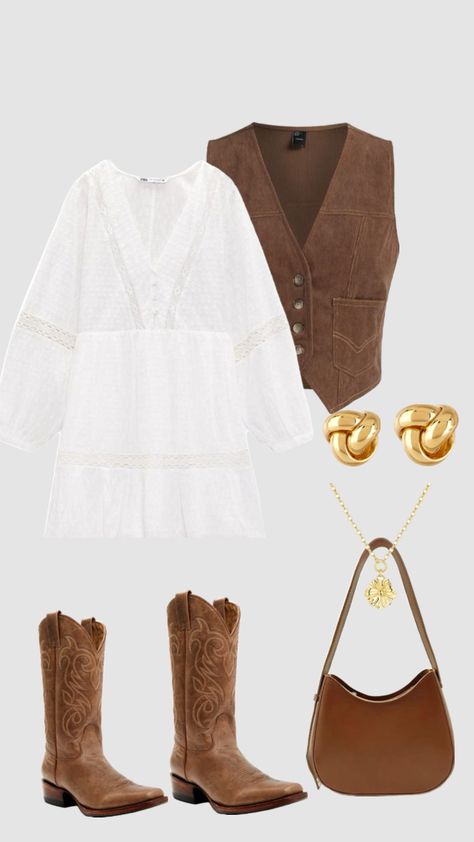 Western Homecoming Outfits, Tenesse Outfit Fall, Soft Country Outfits, Outfits With Brown Cowboy Boots, 90s Cowgirl Fashion, Short Cowgirl Boots Outfit, Simple Country Outfits, Country Boho Outfit, Brown Cowgirl Boots Outfit