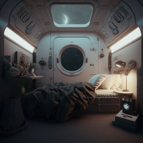 Living In Spaceship, Fantasy Spaceship Interior, Nasa Punk Aesthetic, Spaceship Concept Interior, Si Fi Aesthetic, Space Travel Aesthetic, Space Ships Interior, Futuristic Room Ideas, Scifi Bedroom