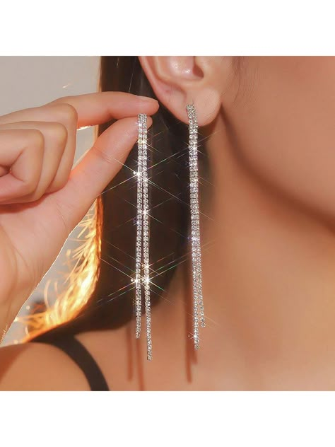 1 Pair Of Simple Style Long Dangle Earrings With Rhinestones, Suitable For Women's Wedding And Party Accessories Silver    Zinc Alloy  Drop Earrings   Women Fashion Jewelry, size features are:Bust: ,Length: ,Sleeve Length: Wedding Party Accessories, Diamond Decorations, Winter Jewelry, Prom Earrings, Long Tassel Earrings, Tassel Drop Earrings, Long Drop Earrings, Jewelry Style, Long Dangle Earrings